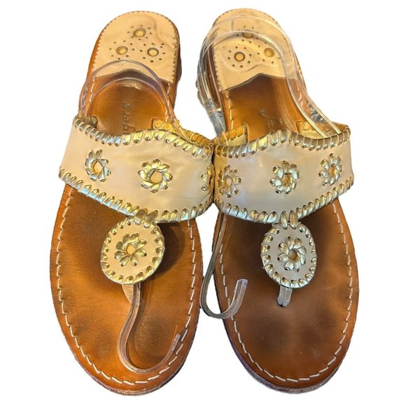 Jack Rogers Shoes - Jack Rogers Jacks II Beige/Gold Leather Flat Thong Sandal Shoes Womens 10 Casual